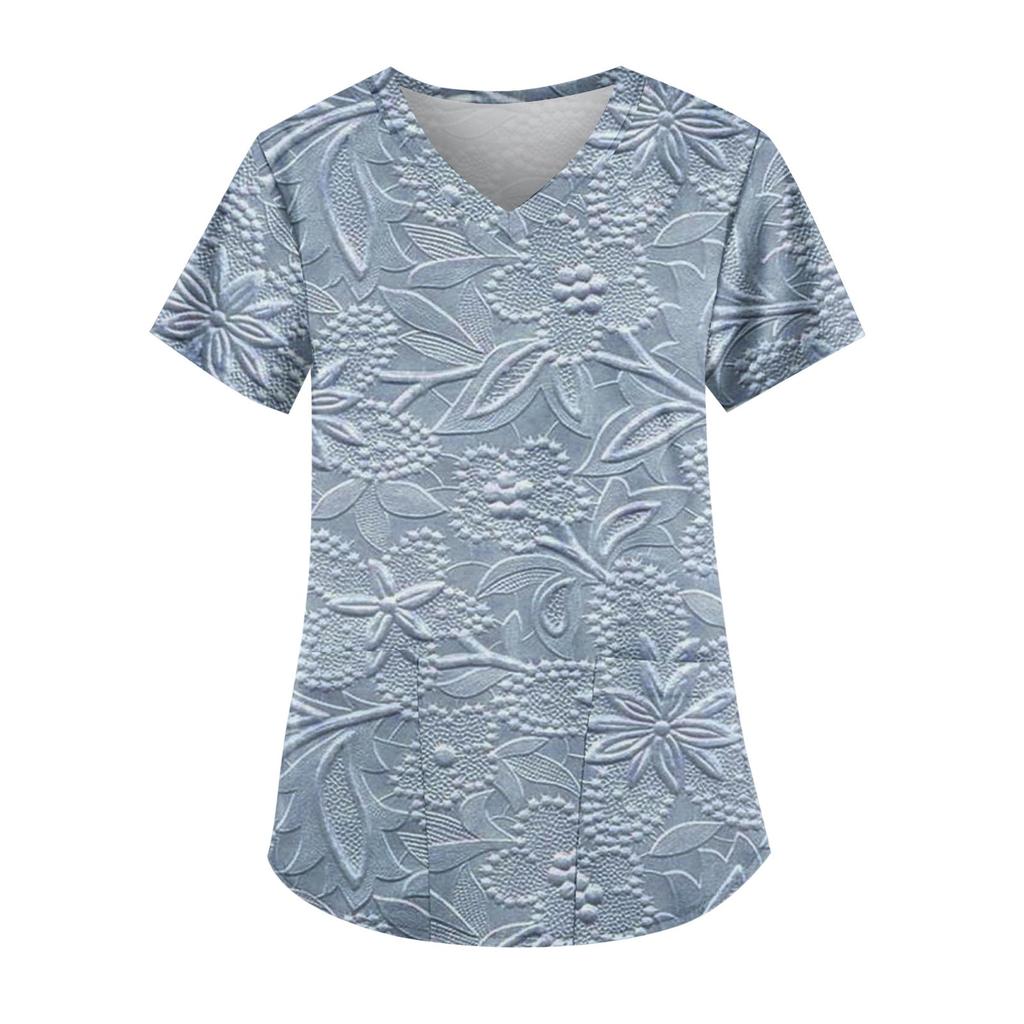 Plus Size Printed Scrub Working Uniform Tops For Women's V-Neck Short Sleeve Fun T-Shirts Workwear Tee With Pockets
