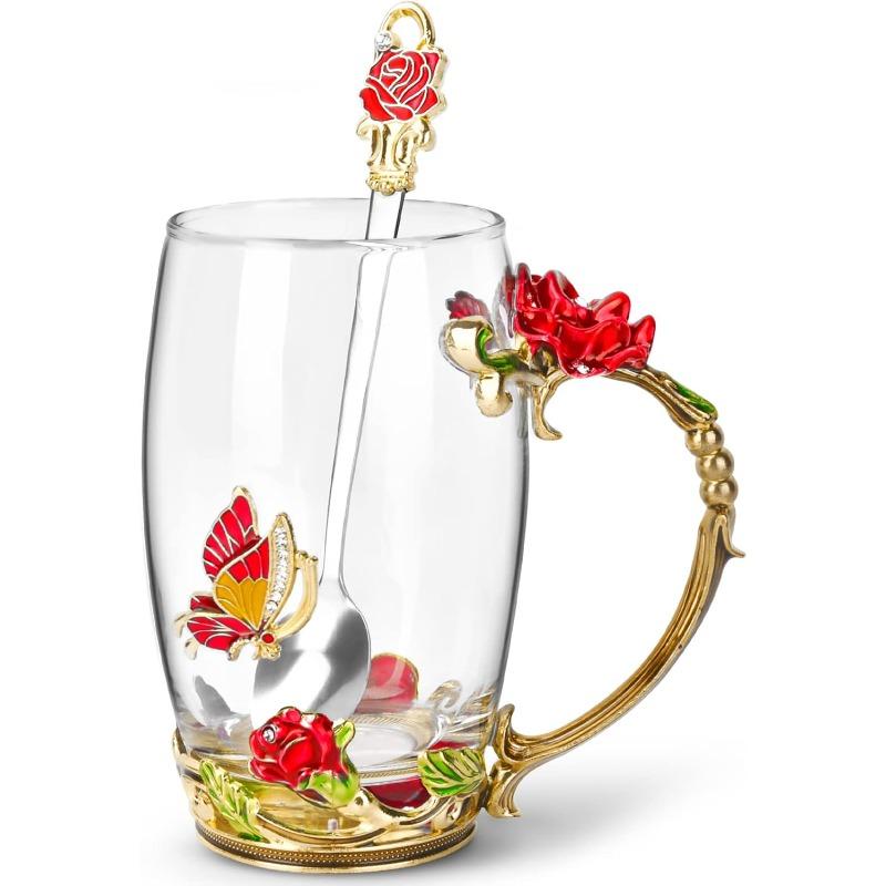 Glass Coffee Enamels Mug with Steel Spoon ,Best Birthday Valentines Gifts for Women,Enamel Flower Lead-free Glass Coffee Mugs Tea Cup