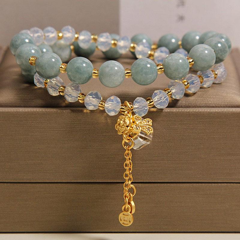 Natural Blue Water Jade Double Circle Crystal Bracelet with Pendant – Light Luxury, Exquisite High-End Feel, Wealth Attraction Hand String for Women