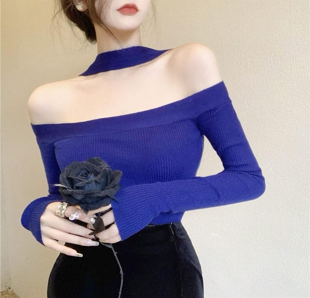 Plus Image Long Sleeve Strap Shoulder Knit Size F Women's Top, Blue,