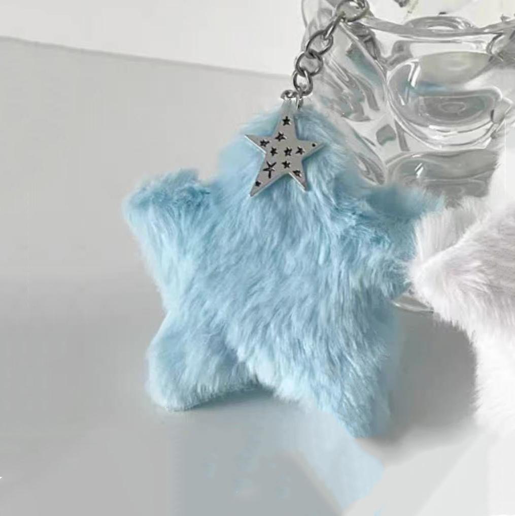 Porte-clés Pendentifs Peluche Étoile pour Femmes Filles Rose Bleu Pentagramme Boule de Fourrure Porte-clés Charms de Sac Porte-clés Ornement Accessoires
