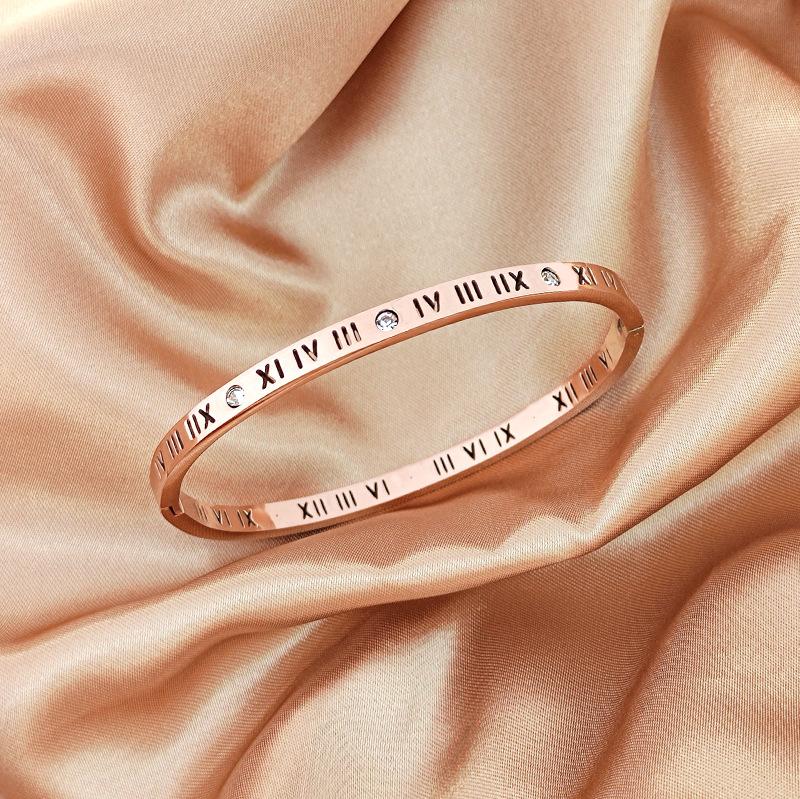 Roman Numeral Rhinestone Bangle Titanium Steel Fade Resistant Bracelet for Women Minimalist Luxe Gift for Friends