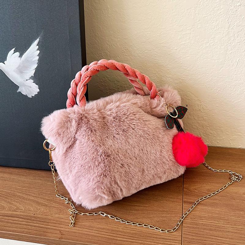 Solid Color Plush Cherry Square Bag Women's Versatile Fashion Chain Shoulder Messenger Bag Winter Small Tote Handbag Bag