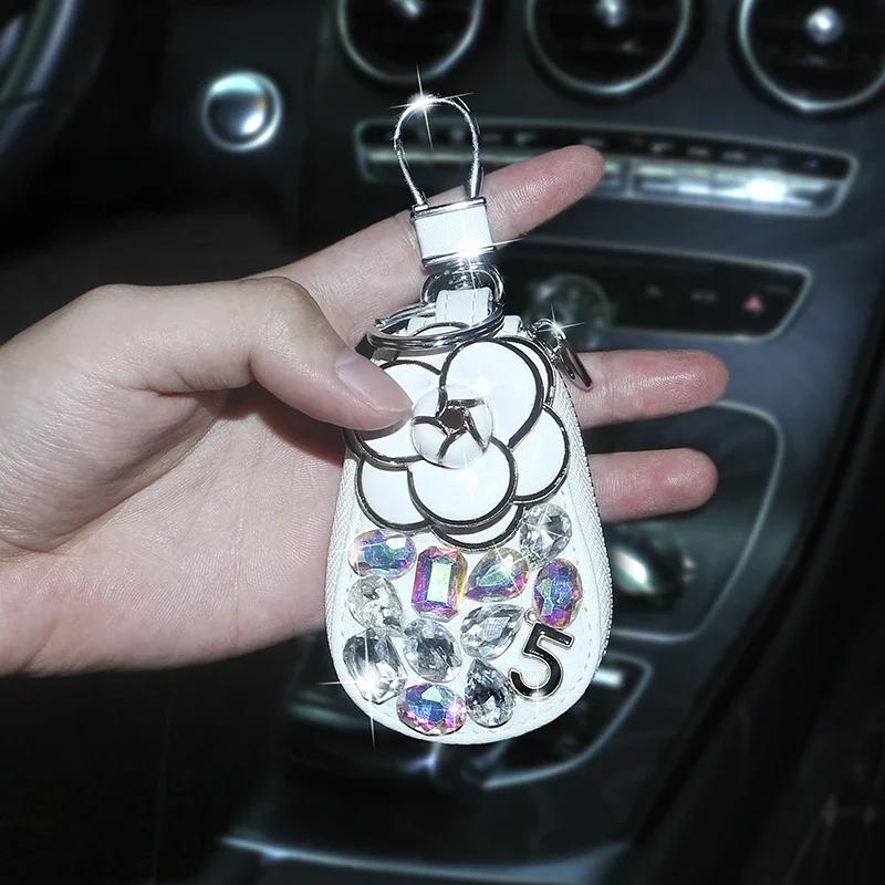 Shiny Diamond Crystal Car Camellia Flower Key Bag Auto Key Protection Cover Universal Bling Car Accessories for Women