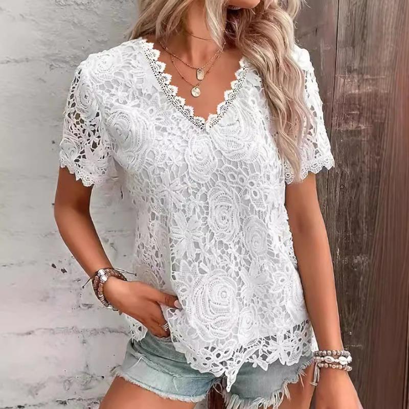 Women's Fashion Top T-shirt Lace Lace Short Sleeve Women