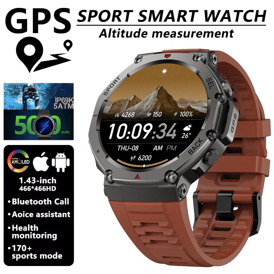 HD Uhren Eingebaute Dual-Band GPS Smartwatch Herren Smartwatch Kompass Höhenmesser Barometrisch 5ATM IP69K Wasserdicht AMOLED