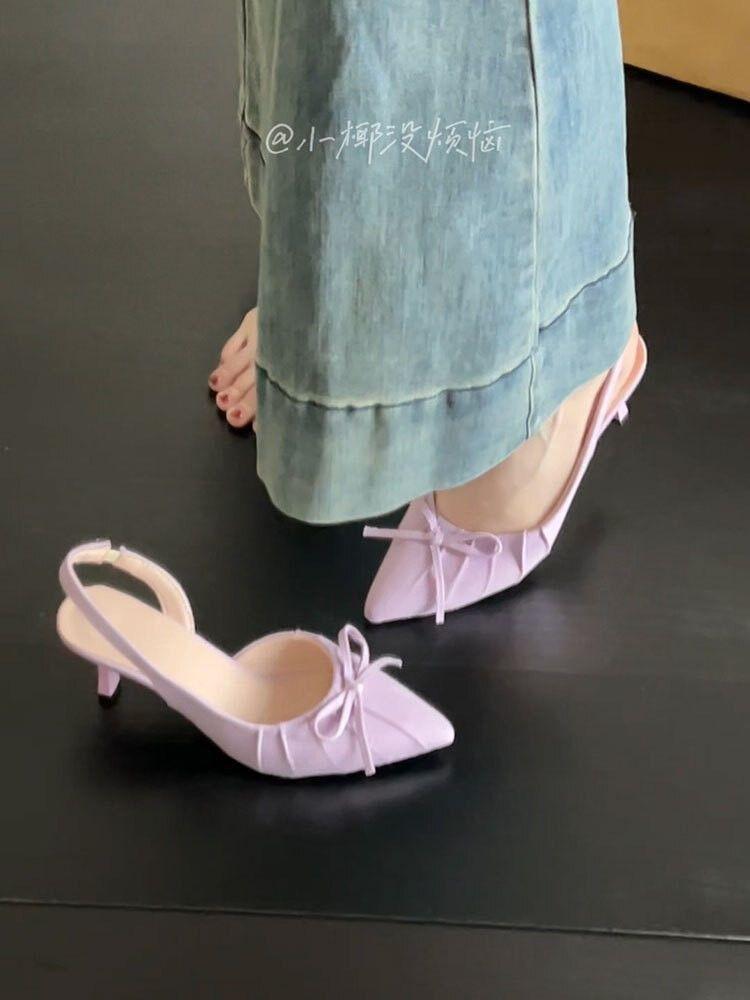 Pointed single shoes early spring evening shoes high heels fairy shoes bow high heel sandals bag head sandals
