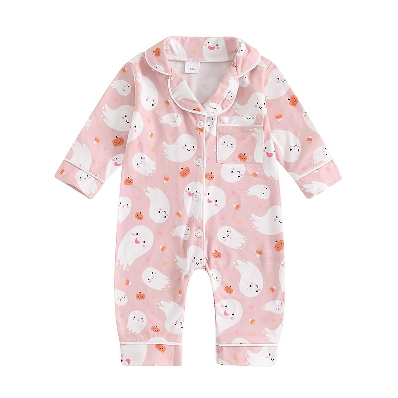 Infant Newborn Baby Girl Halloween Sleeping Romper Ghost/Pumpkin Print Lapel Long Sleeve Button Down Jumpsuit