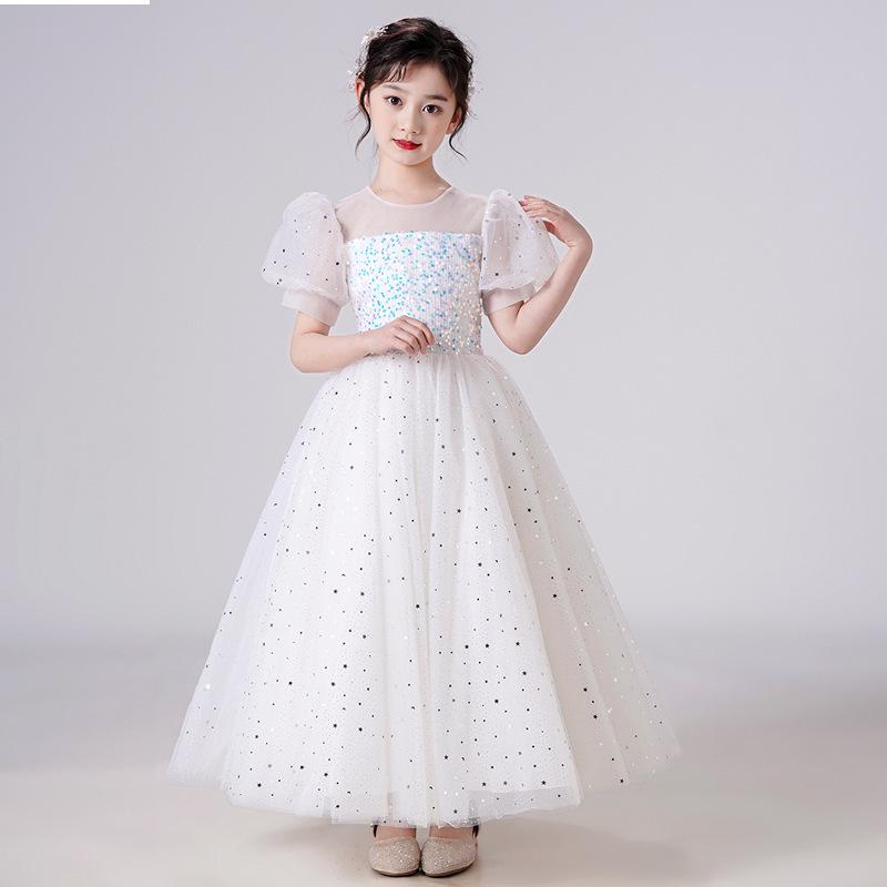 Girls' Sequin Puff Sleeve Princess Dress - Long Mesh Flower Girl Wedding Summer Formal Attire