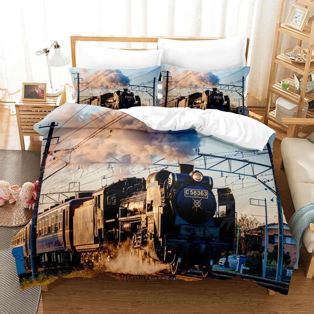 Dampfmaschine Bettwäsche-Set Schwarz Rauch Vintage Lokomotive Zug King Queen Size Polyester Bettwäsche-Set für Kinder Junge Mädchen