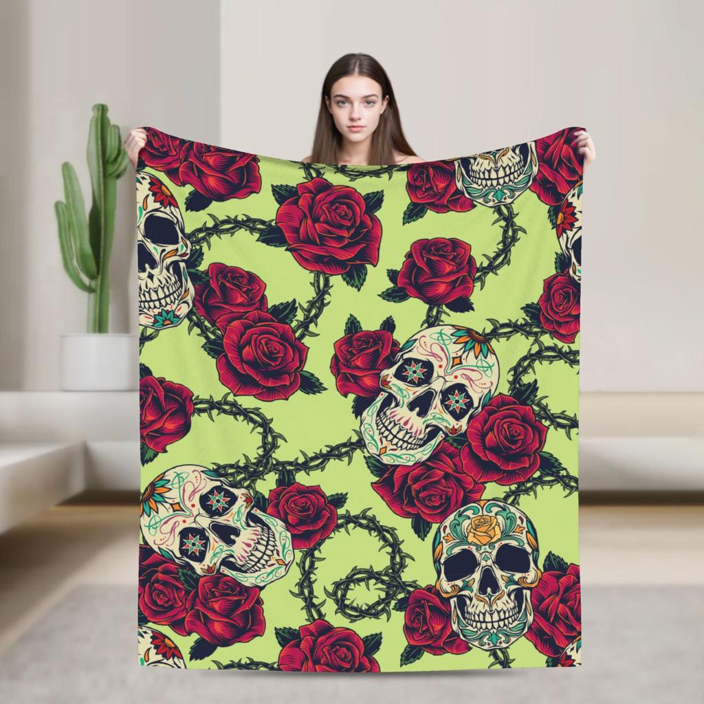 Sugar Skull Rose Halloween Knitted Blanket Flannel Gothic Day of the Dead Warm Throw Blankets for Bed Bedspread
