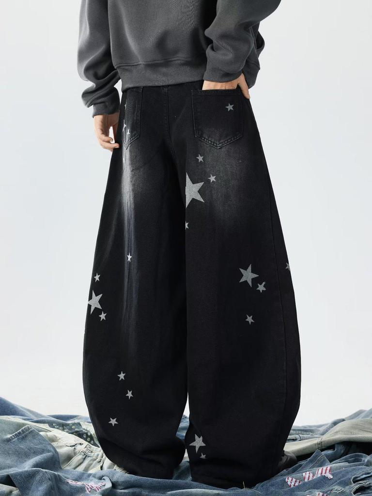 Unisex Retro Star Design Frayed Edge Wide Leg Jeans