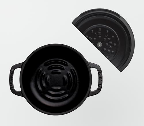 Vermicular Mini 14cm Matte Black Cast Iron Enamel Pot, Waterless Cooking and Bakeware, Includes Recipe Booklet, Oven Pot 2 Mini Self-Standing Lid, OP2