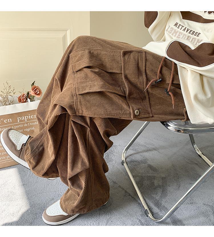 Men's Corduroy Overalls with Velvet - American Style, Straight Loose Wide-Leg, Trendy Autumn/Winter Large Size Pants