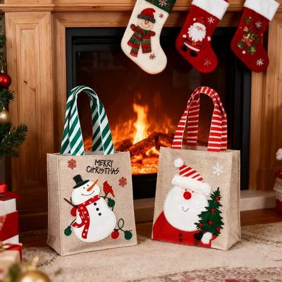 1-10PCS Christmas Burlap Gift Bags Santa Snowman Design Handheld Candy Bags for Holiday Party Favor Supplies and Decorations
