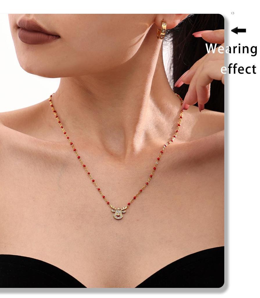 Mi Duo Duo Christmas Bell Reindeer Zircon Necklace - Stainless Steel Romantic Gift