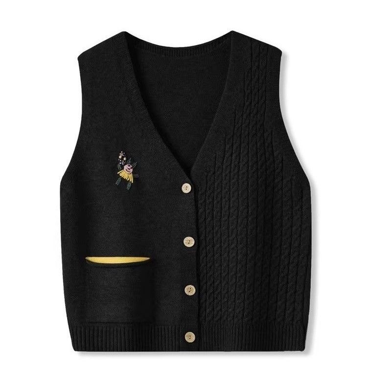 Vintage Fried Dough Twists V-neck Knitted Vest for Women Spring Autumn Hand Embroidered Vest
