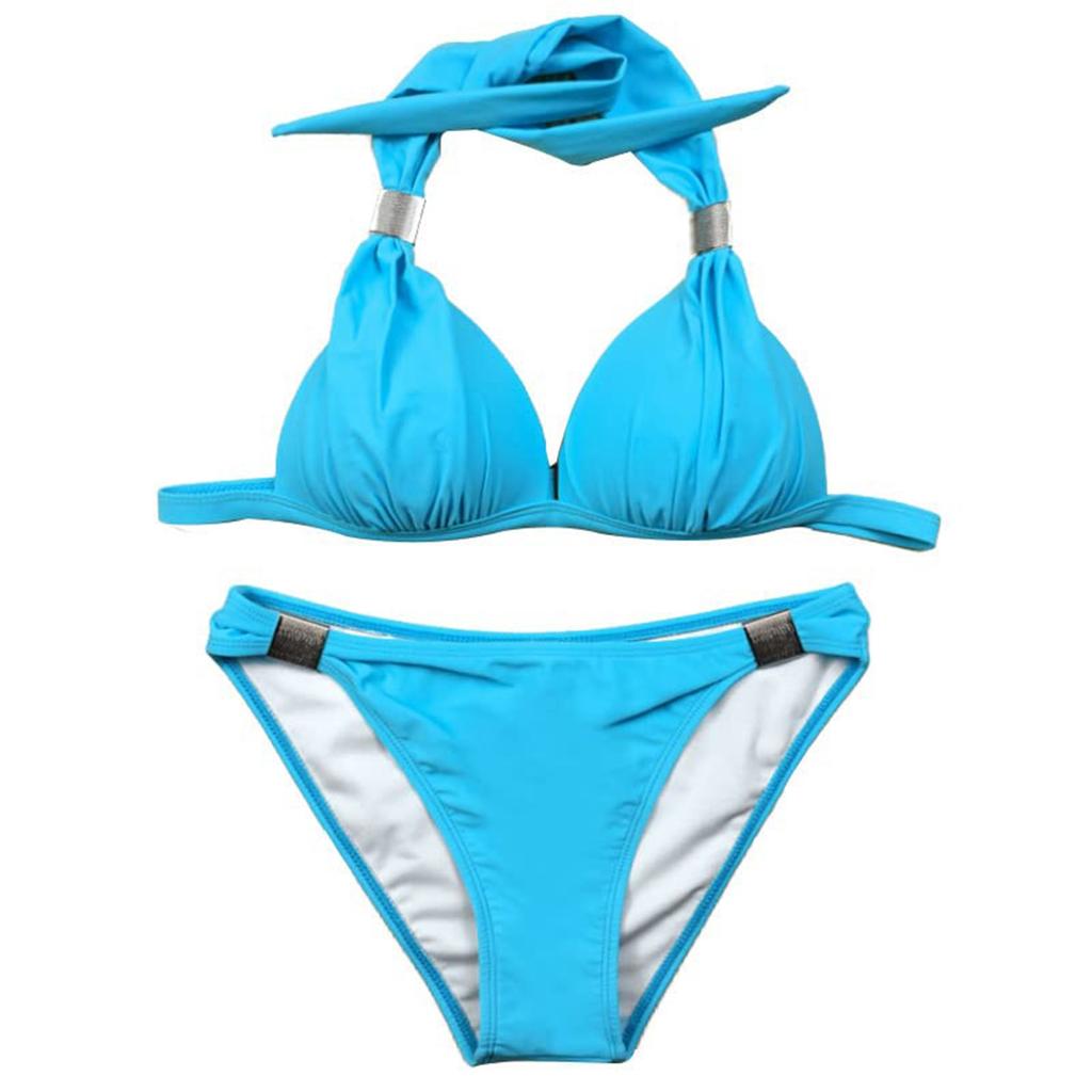 Two Piece Solid Color Bikini Set with Padded Cups Women Swimwear Halter Neck Top and Classic Bottom Beachwear