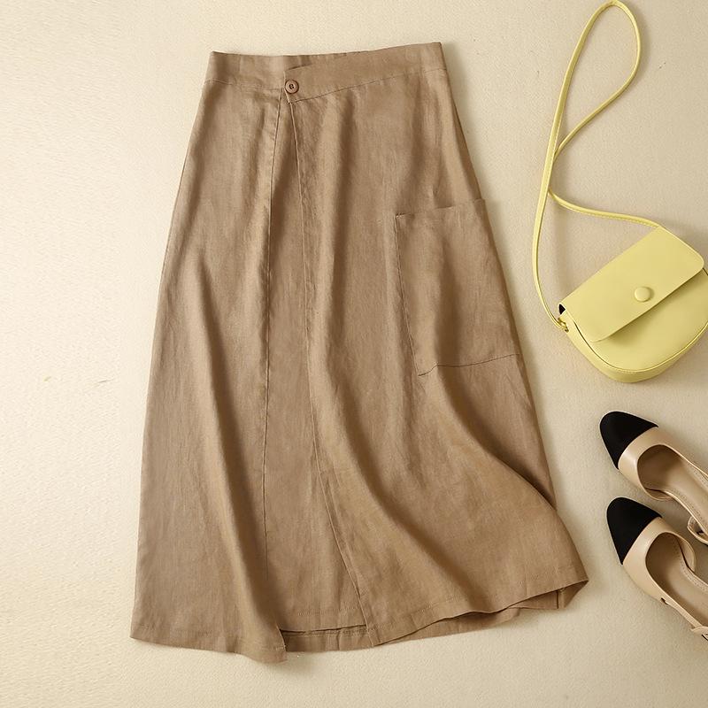 Fustă Midi A-Line Retro de Vară pentru Femei din In Pur cu Talie Înaltă