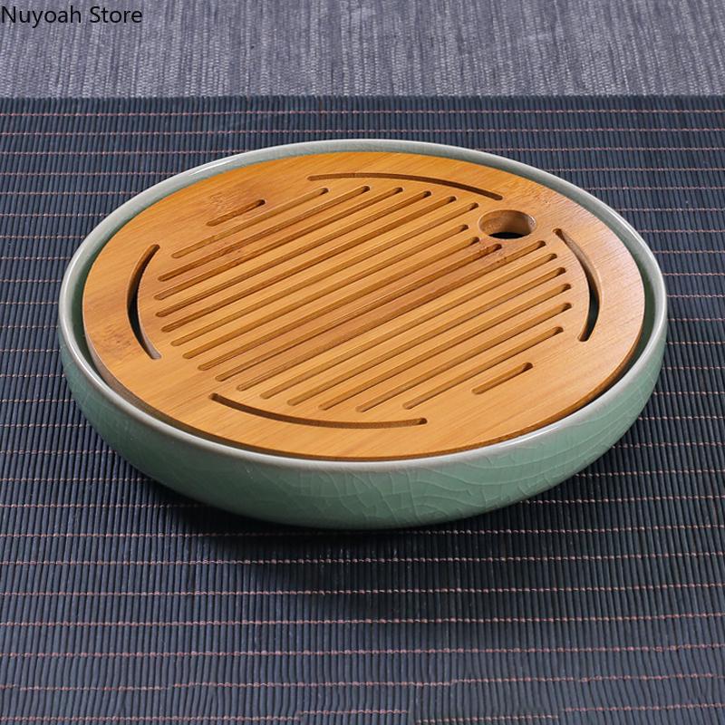 Ceramic Round Tea Tray Household Living Room Bamboo Noodle Saving Water Dry Brewing Table Kung Fu Tea Set Celadon Tea Table Tray