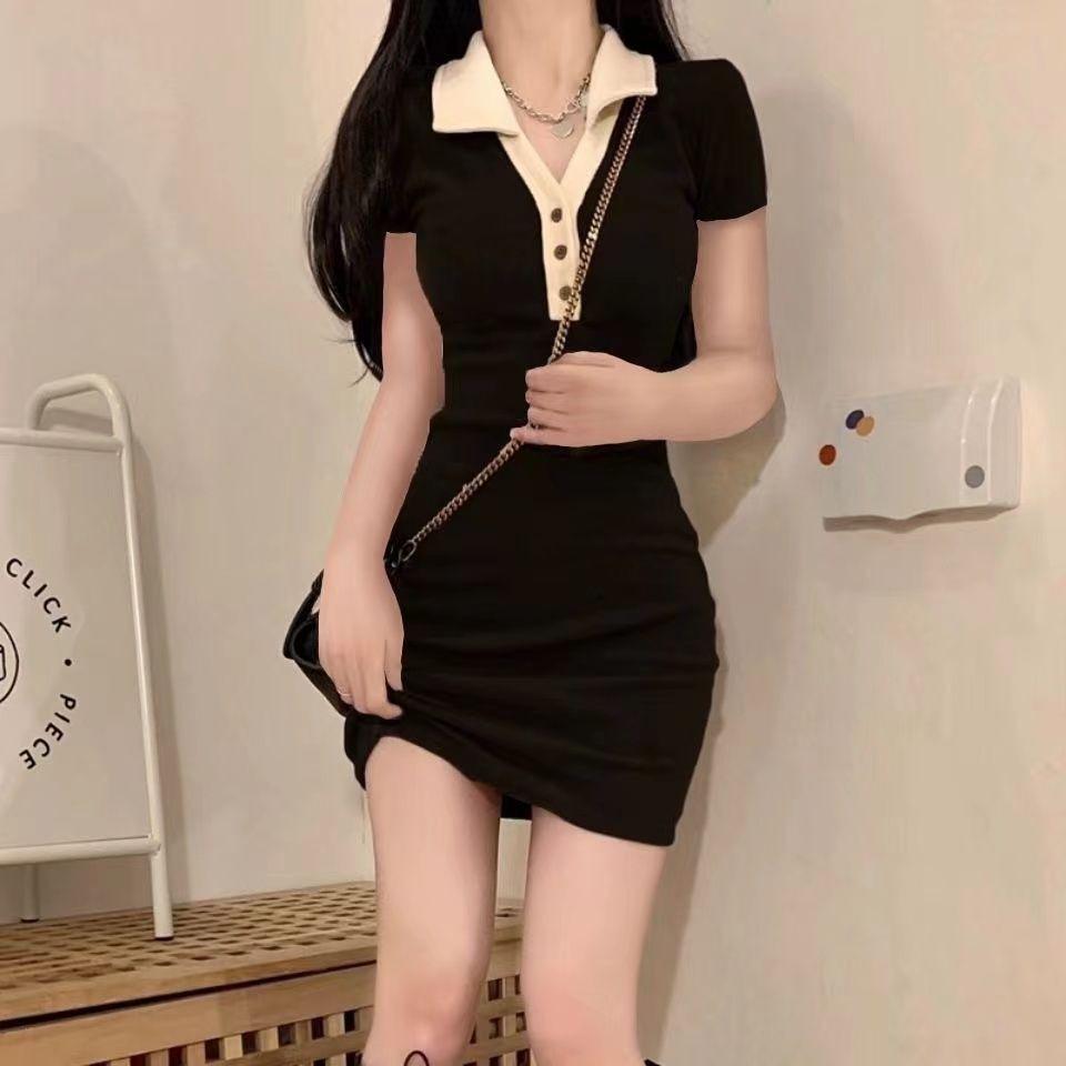 

Korean Style Slimming Polo Collar Short Sleeve Bodycon Dress for Women, Summer 2026 One Size