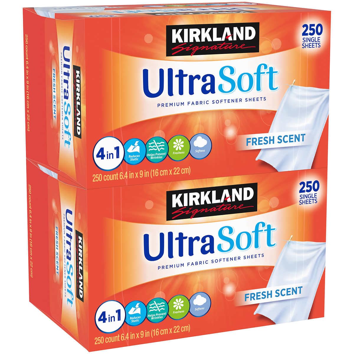 

Kirkland Signature Fabric Softener Ultra Fresh 250 Sheets Sheets, Soft, Scent, (2 Pack)