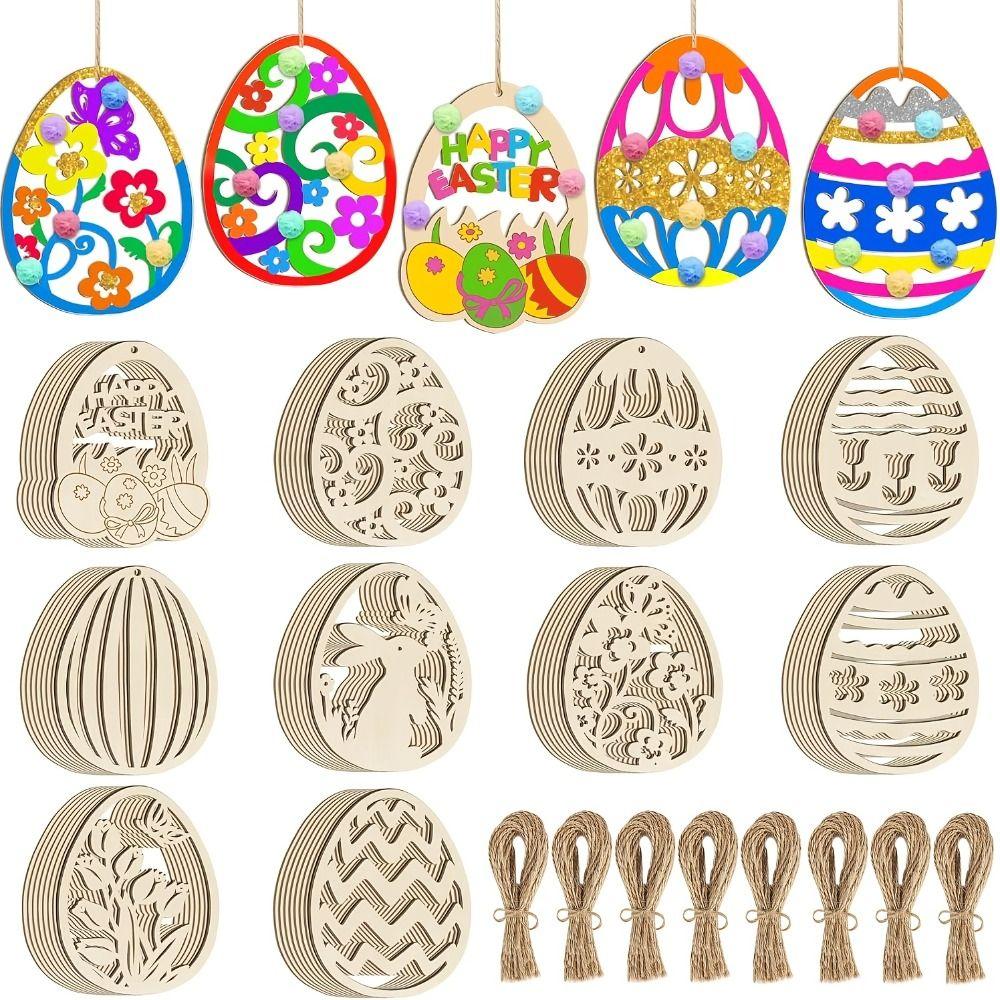 20Pcs/Set DIY Wooden Easter Ornaments To Paint Blank Ropes Unfinished Wood Egg Cutouts Ornament Crafts Hanging Decorations