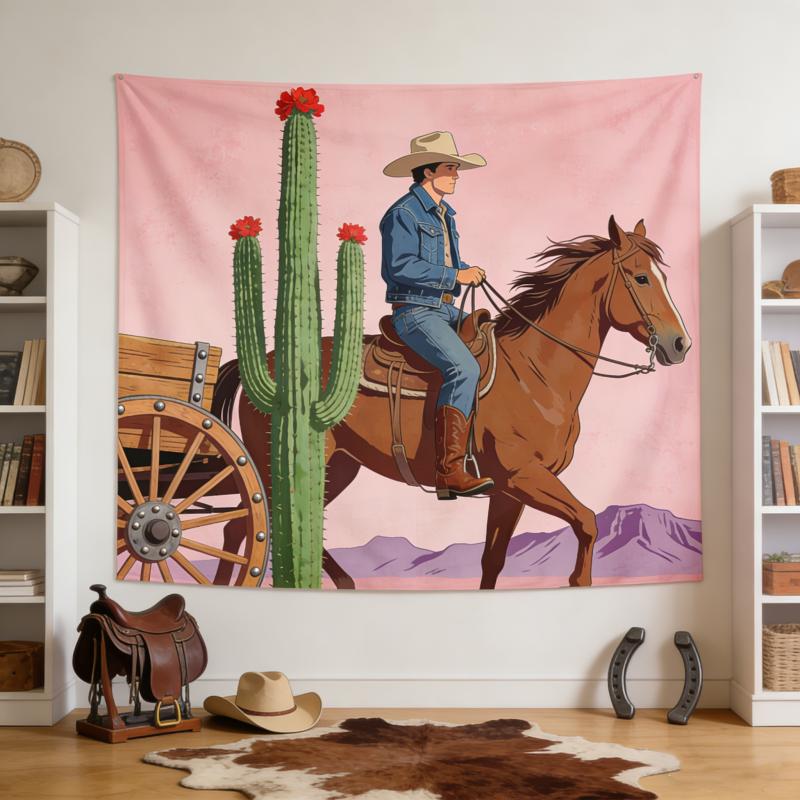 Western Cowboy Wall Tapestry, Horse Riding & Cactus Desert Art, Rustic Home Decor For Living Room & Bedroom 95x73cm