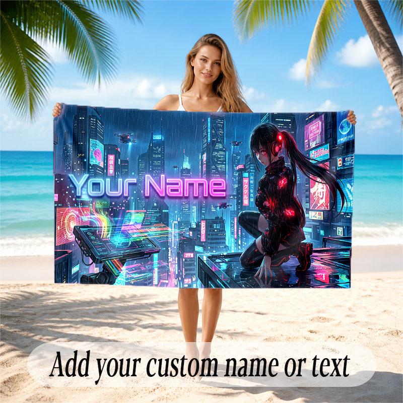 City Cyberpunk Theme Soft Beach Towel Personalized Custom Name Text Towel Portable for Beach Pool Travel