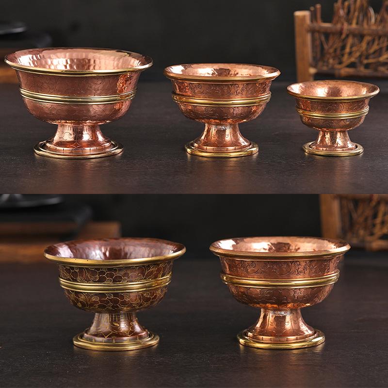 Handmade Nepal Copper Gold Plated Engraved Water Offering Bowl High Foot Cup Pure Water Vessel