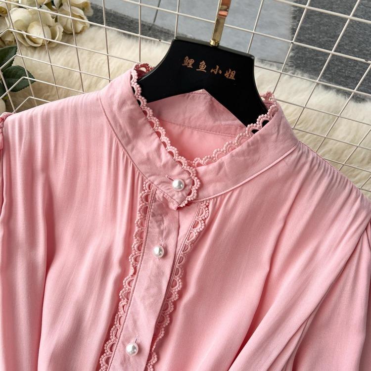 Luxury Party Dress for Women Long Lace Hollow Out Bandage Runway Patchwork Solid Lantern Sleeve Single Breasted Stand Dress