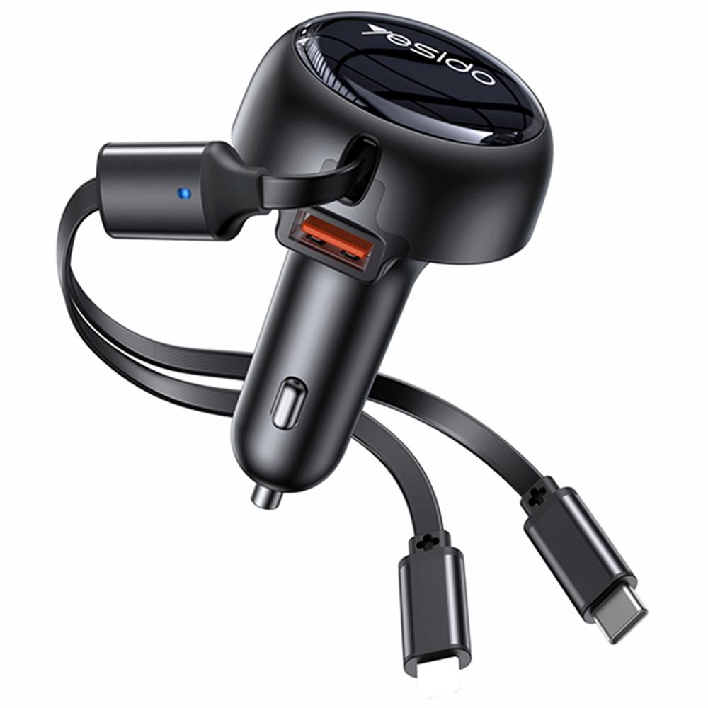 

YESIDO Y61 53W Fast Charging Car Charger with USB Port and 2-in-1 Retractable Ip+Type-C Cable As Shown A