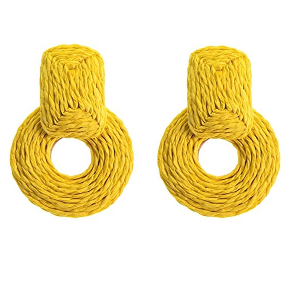 Women Rattan Earrings Boho Straw Wrapped Geometric Round Earrings Summer Tropical Beach Jewelry