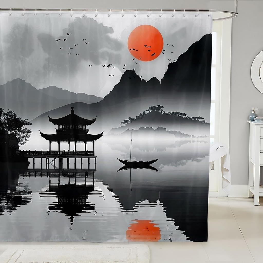 Japanese Samurai Bath Curtain Boys Girls  Landscape Shower Curtain for Kids Women Men Waterproof Sunset Bathroom Shower Curtain