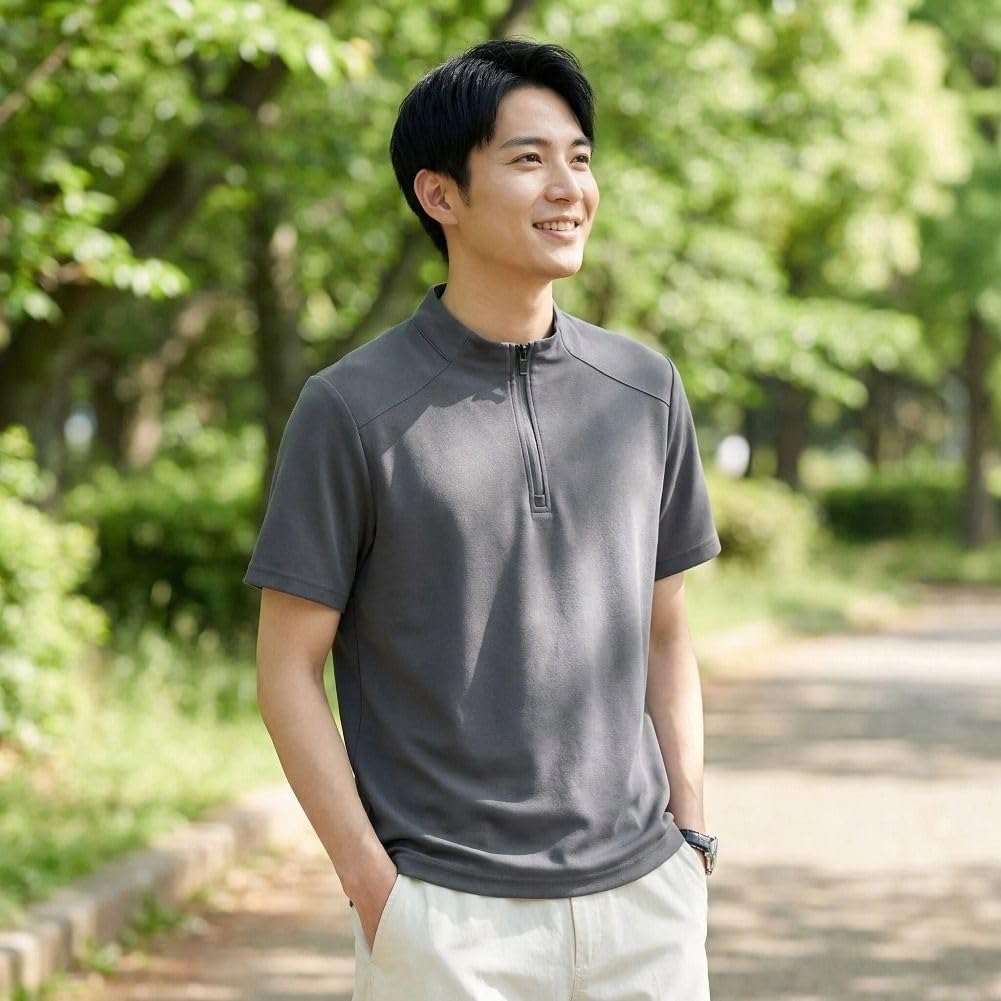 [BUTMYJ] Men's T-Shirt, Short Sleeve, Half-Zip, Summer Wear, Stand Collar, Casual Pullover, Plain, Simple, Popular Fashion, Sports Short Sleeve Polo S
