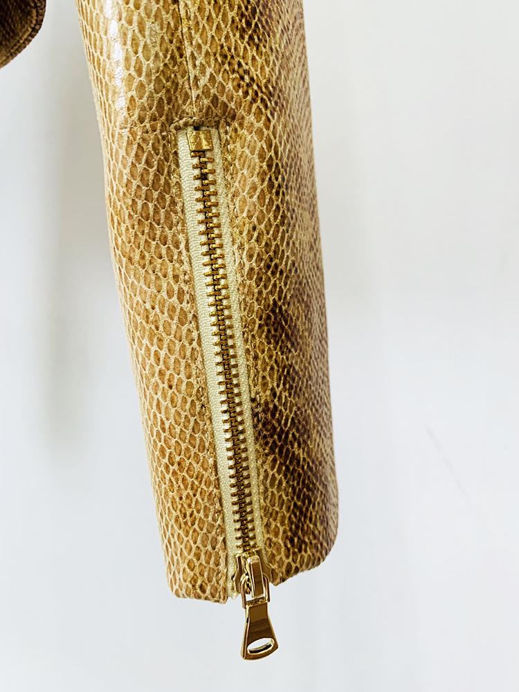 Em estoque: Conjunto Jaqueta de Couro de Pele de Cobra e Calças Flare Moda Europeia e Americana 2025