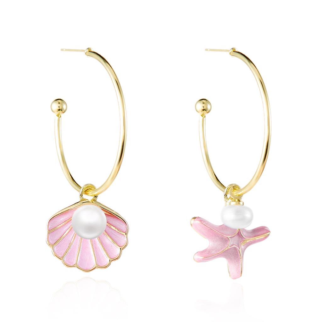 Sweet Temperament Colorful Oil-dripping Shell Starfish Pearl Dangle Earrings for Women Summer Beach Cute Jewelry Accessory Gift