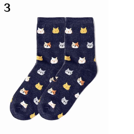 

Женские осенне-зимние стильные хлопковые носки до щиколотки с милым котом и рисунком животных тёмно-синий