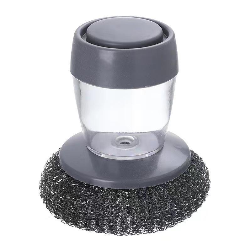 Steel Wool Press Pot Brush: Long-Handle, Multipurpose Kitchen Cleaning Brush with Dish Soap Dispenser