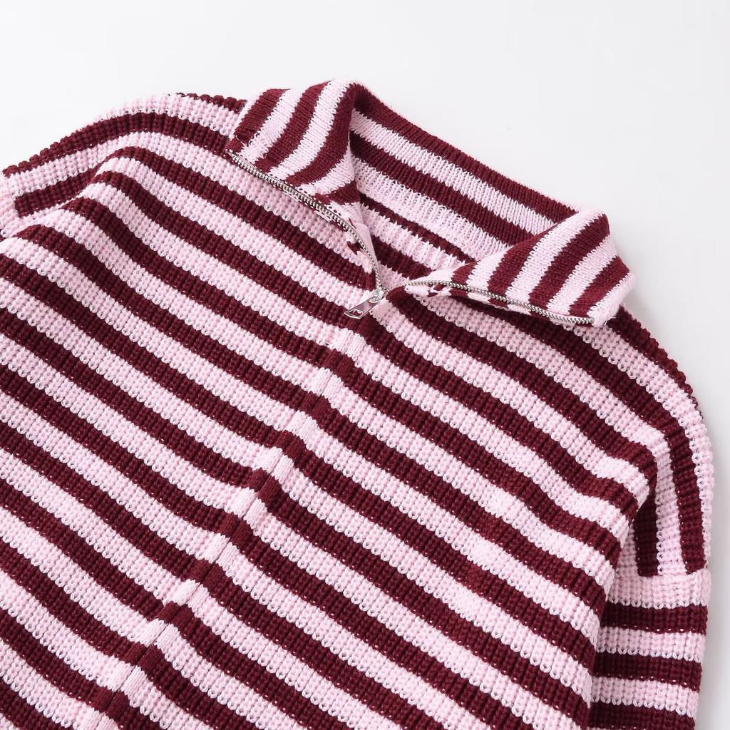 Cardigans rayés en maille ample Printemps Automne pour femmes Col roulé décontracté Fermeture éclair Rose Manteau pull Maille pour femmes Streetwear