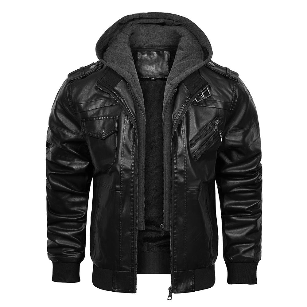 New men's clothing men's detachable hooded leather jacket zipper PU jacket European and American large size fashion jacket