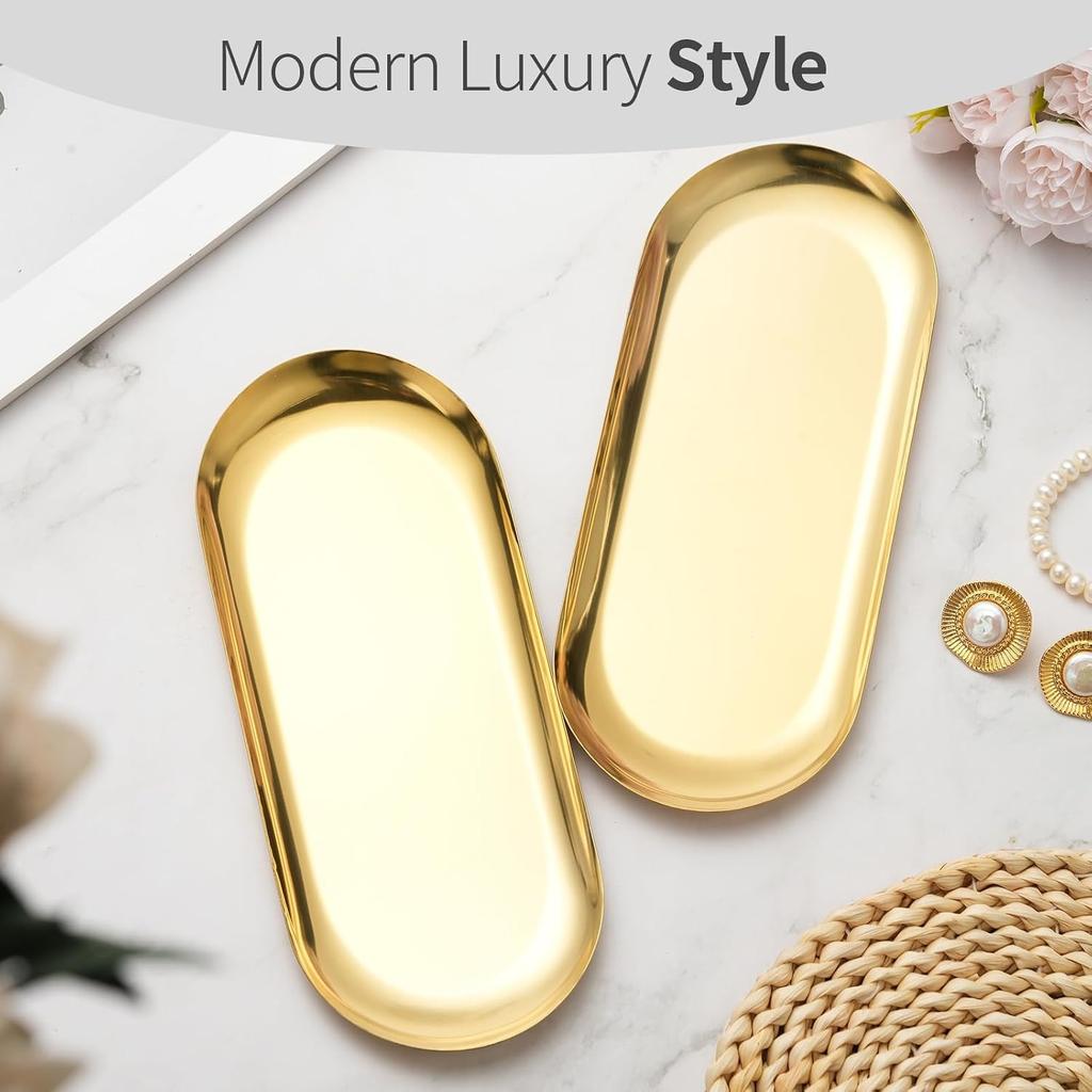 3 Pack Gold Trays for Decor, Stainless Steel Decorative Tray, Small Vanity Tray for Bathroom, Elegant Jewelry Tray for Holding Perfume, Keys, Wallet