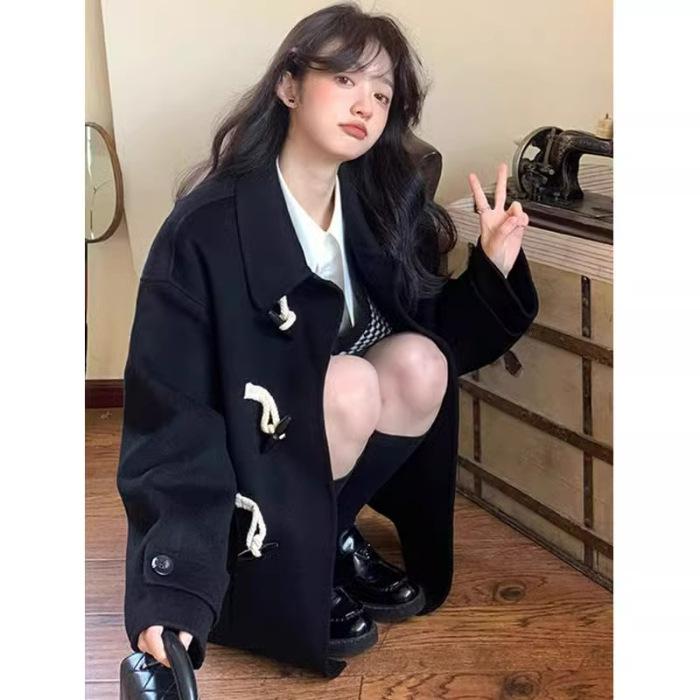 Women's Black Oversized Short Duffel Coat - 2024 Korean Style Autumn/Winter Collection