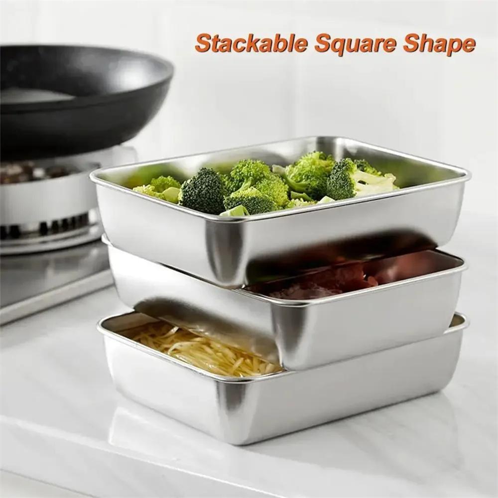 Stainless Steel Food Storage Serving Trays Rectangle Sausage Noodles Fruit Dish with Cover Home Kitchen Organizers Food Containe