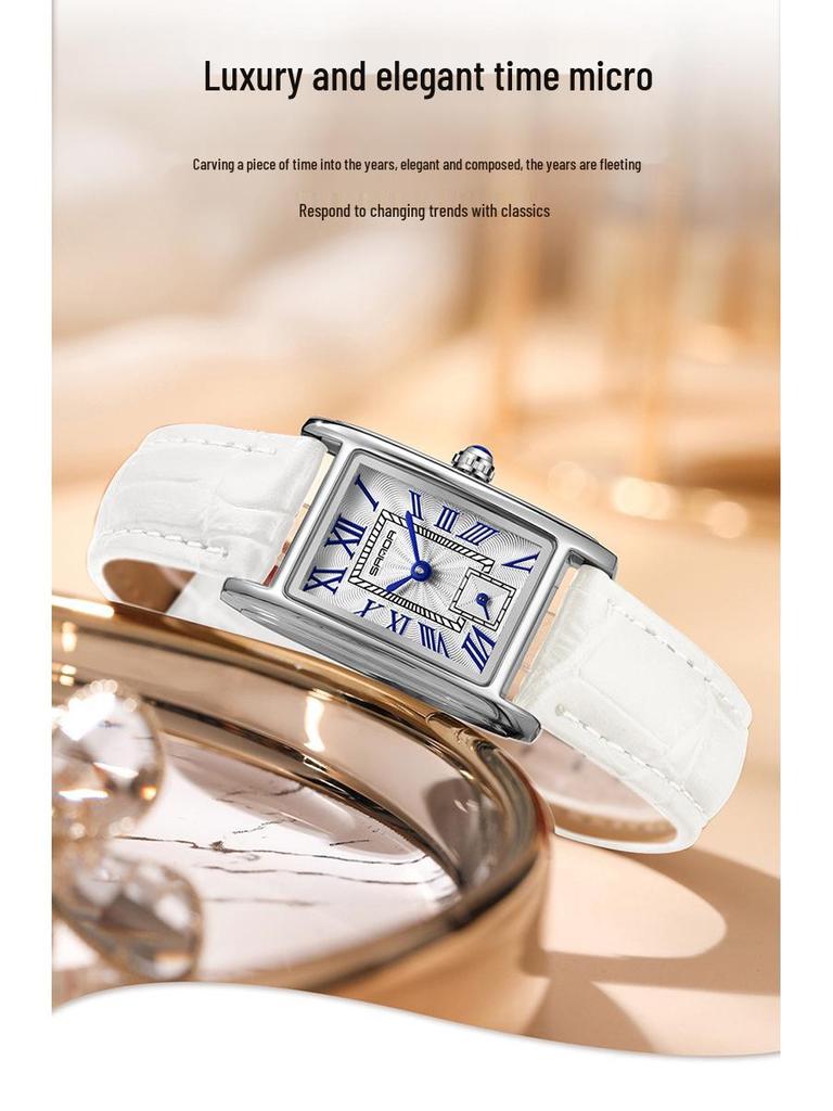 Stylish Sanda Square Steel & Leather Quartz Watch with Roman Numerals, Waterproof Design for Women