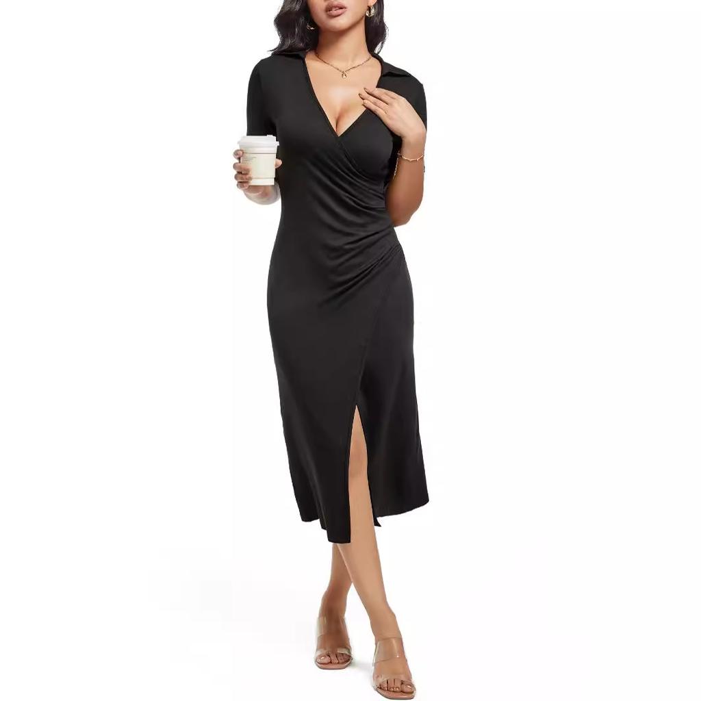 European and American Casual Knitted Women's Clothing Women's Medium and Long Cross-necked Hem Split-pleated Medium and Long Dress
