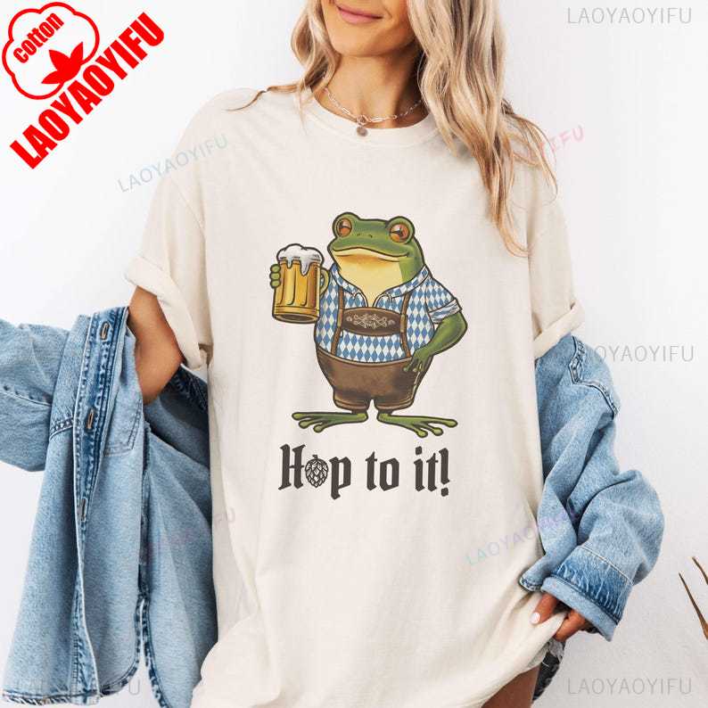 Oktoberfest Frog Shirt Cotton Short Sleeve Summer Casual Beer Tshirt Toad Holding Beer Bavarian Lederhosen Hop To It Apparel