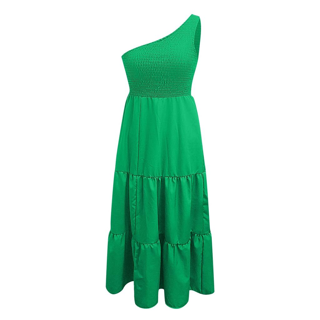 Women's Fashion Casual One Shoulder Pleated Color Medium Length Dress
