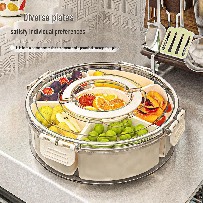 Round Rotating Snack Tray with Handle and Lid – Six Compartments, Moisture-Proof, Portable and Sealed for Household Use