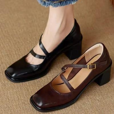 Brown Mary Jane Women's Shoes Shallow English Style High Heel Small Leather Shoes Versatile French Style Thick Heel Summer